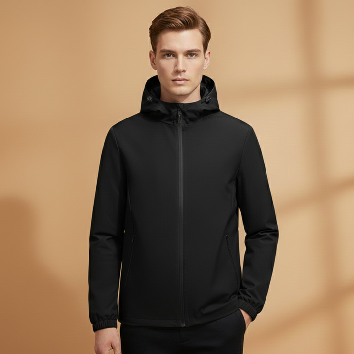 Front view of a men's hooded jacket, designed for versatile everyday use.