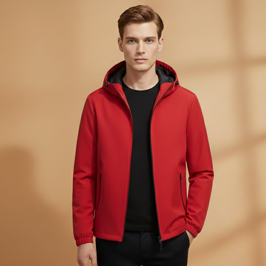 Close-up on the full front zip of a men's comfortable hooded jacket.