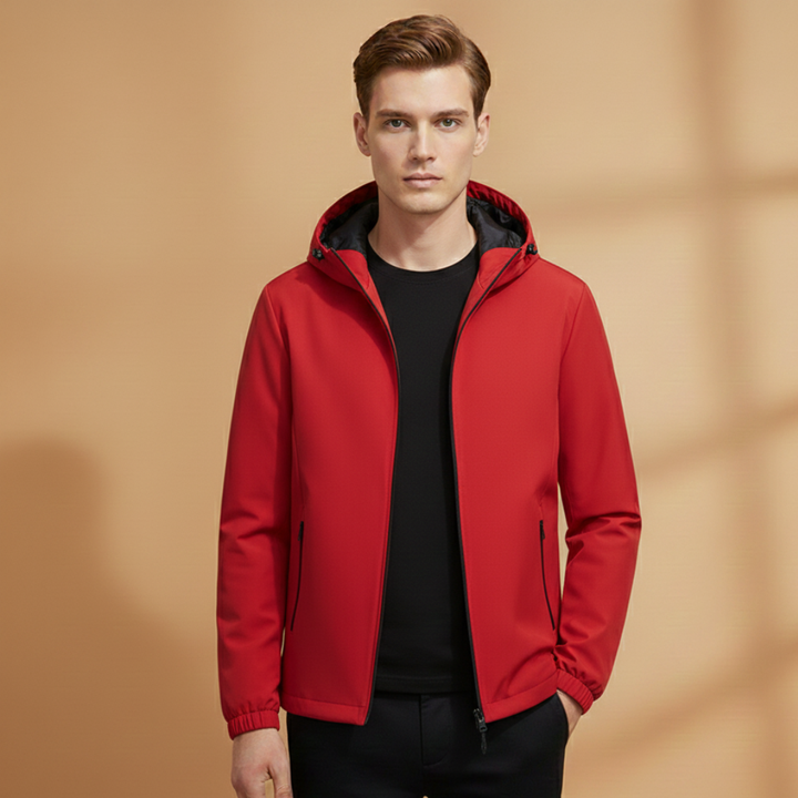 Close-up on the full front zip of a men's comfortable hooded jacket.