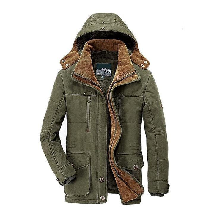 Mid-length men's parka jacket with hood, offering protection and warmth in harsh conditions.