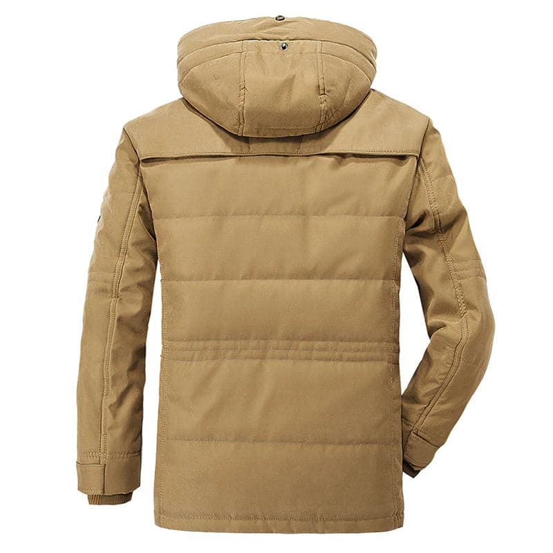 Men's warm hooded parka jacket in a neutral color, great for urban style and cold protection.