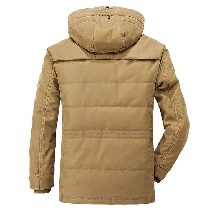 Men's warm hooded parka jacket in a neutral color, great for urban style and cold protection.