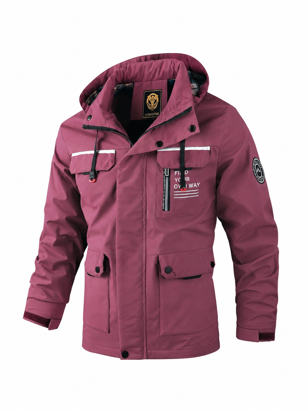 Rugged men's hooded utility jacket, versatile for outdoor wear, offers practical style for casual use.