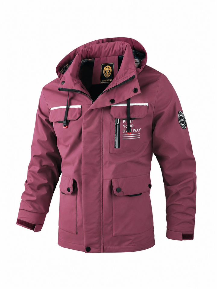 Rugged men's hooded utility jacket, versatile for outdoor wear, offers practical style for casual use.
