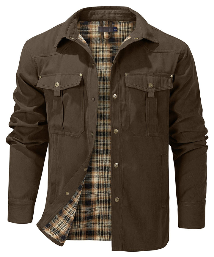 Versatile men's travel jacket. Insulated flannel lining for comfort & warmth.