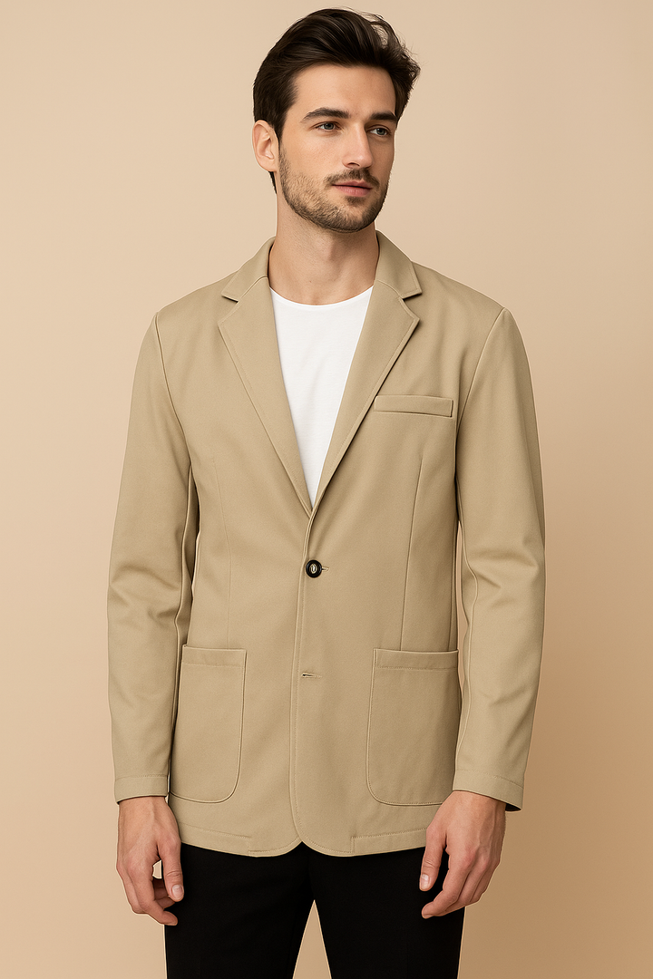 Men's versatile khaki blazer jacket with classic notch lapel, perfect for smart casual & fall fashion.