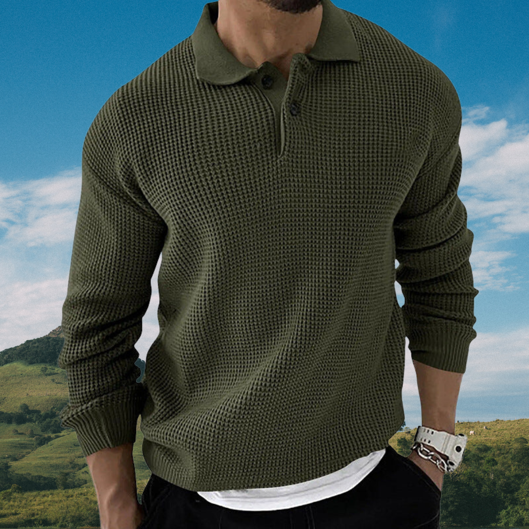 Man wearing a stylish and versatile knit sweater, ideal for everyday outfits.