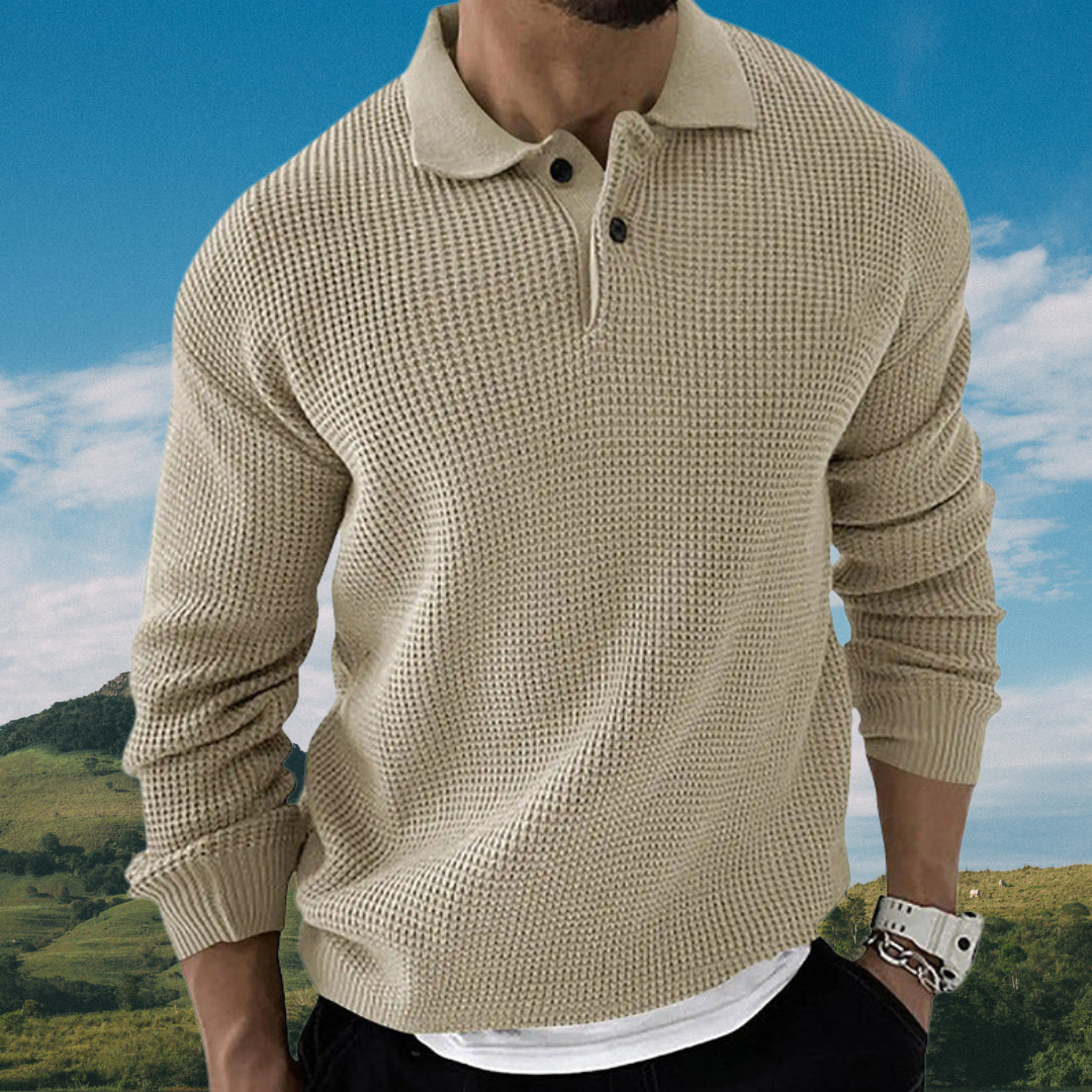 Model showcasing the comfortable fit of a men's long sleeve knit sweater, a winter essential.