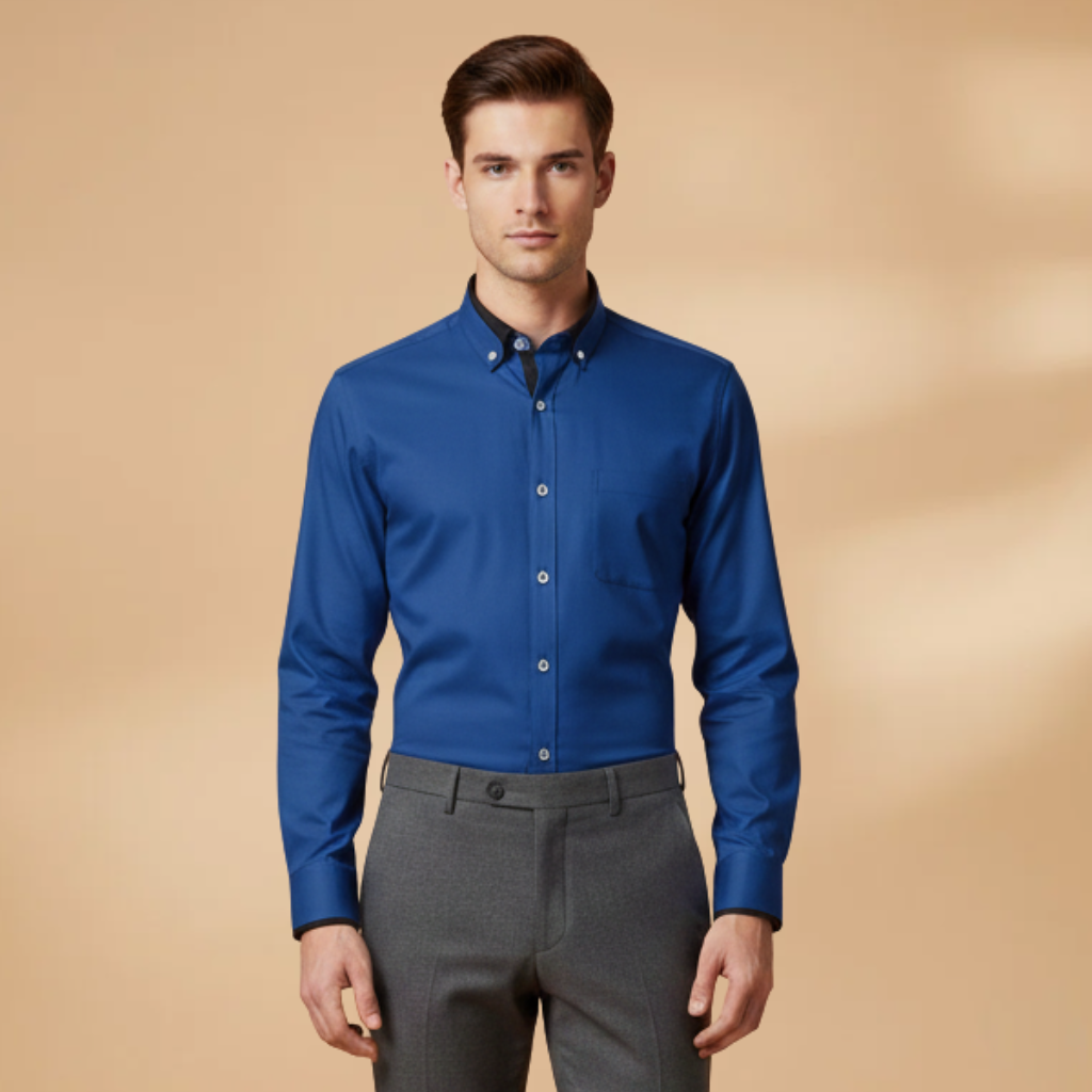 Professional men's long sleeve shirt. Button-down, collared, adjustable cuffs. Ideal for business casual menswear.