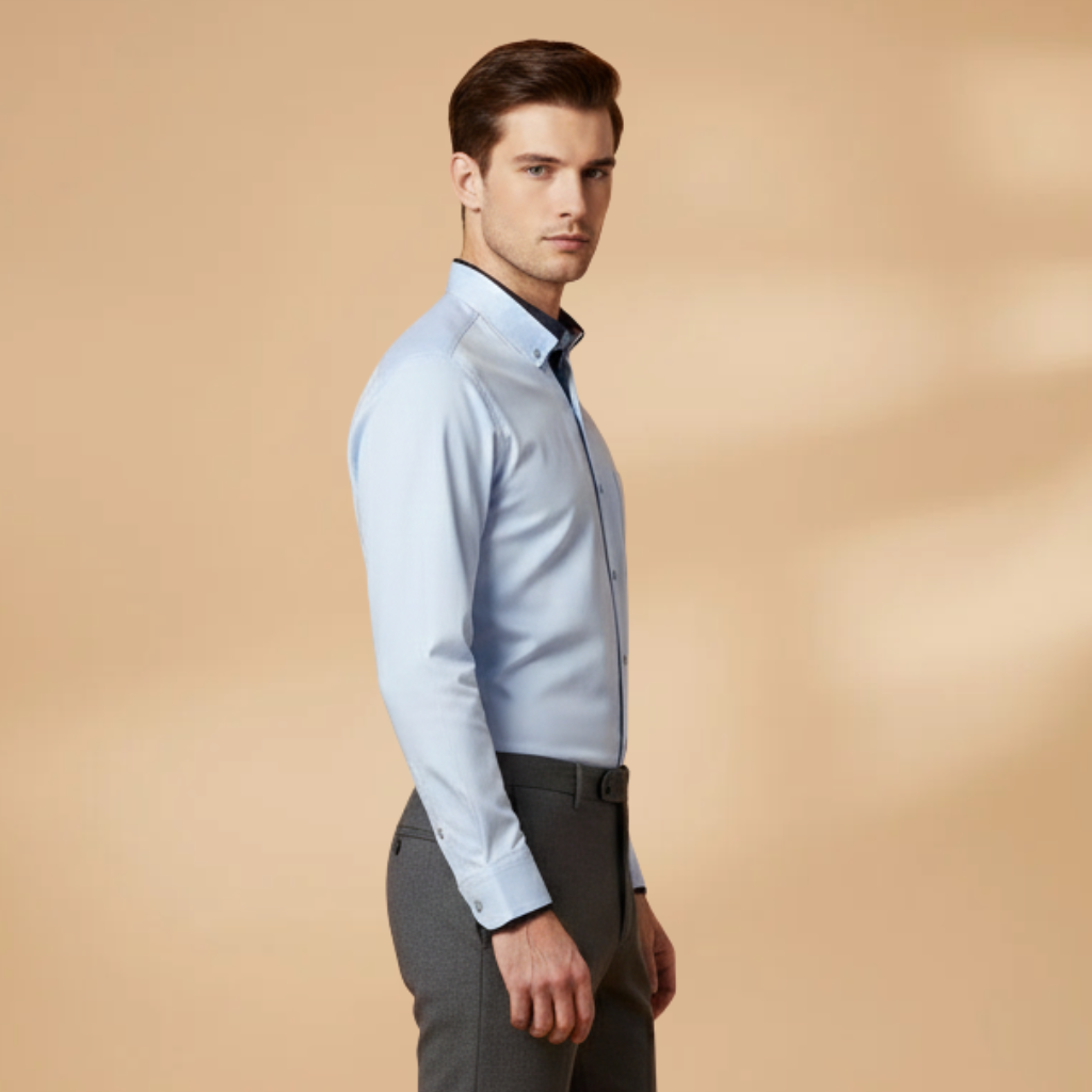 Business casual men's long sleeve shirt. Comfortable, versatile, ideal for work or events. Button-down design.