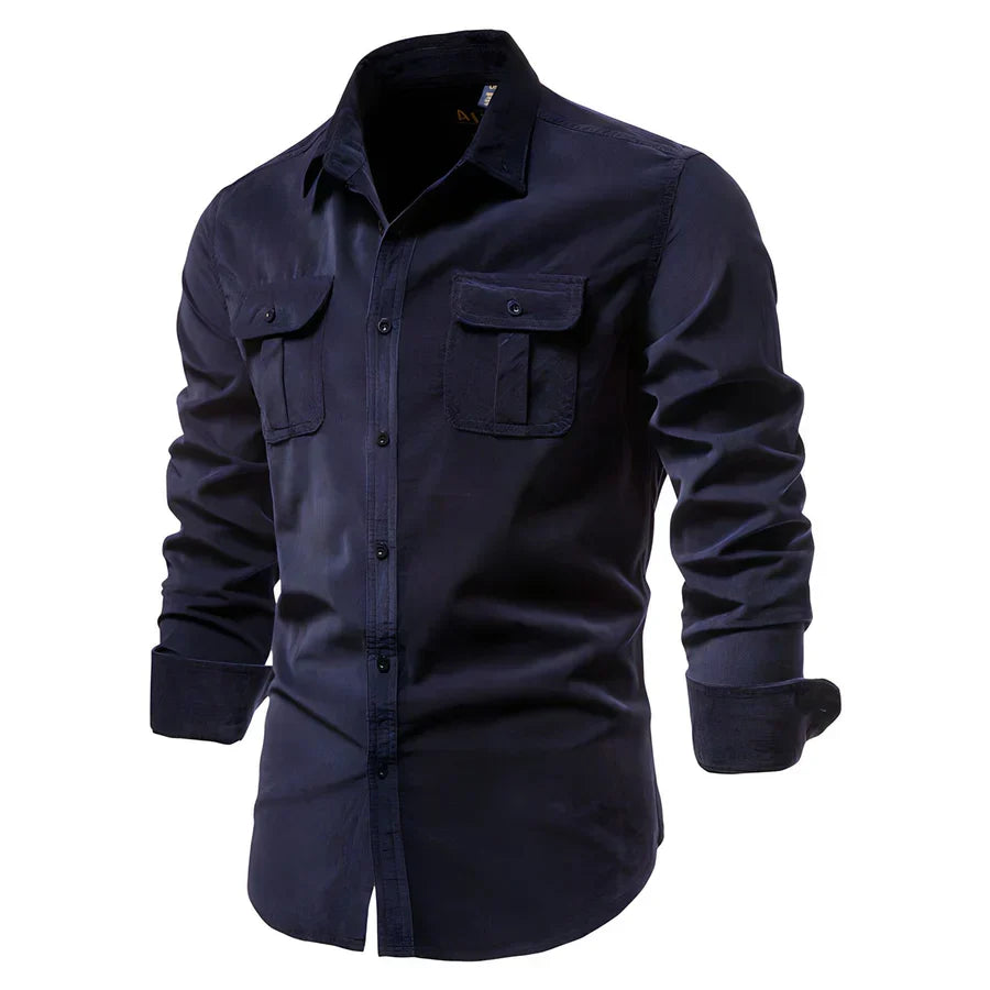 Modern men's button-down shirt with tailored fit. Stylish for versatile smart casual fashion and daily wear.