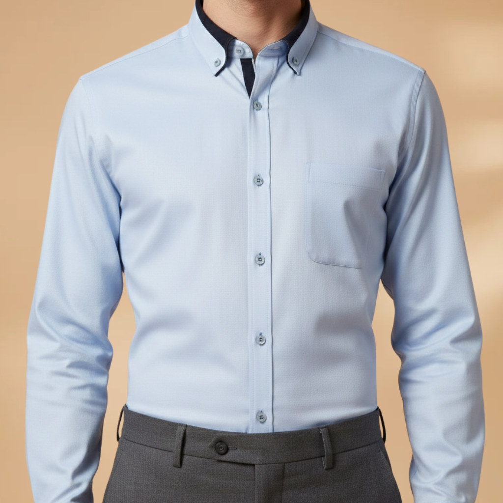 Navy blue men's long sleeve shirt, collared & adjustable cuffs. Perfect for versatile smart casual outfits.