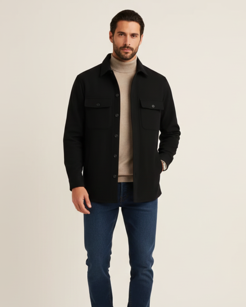 Men's versatile long sleeve button front overshirt with chest pockets, perfect for smart casual layering & everyday wear.