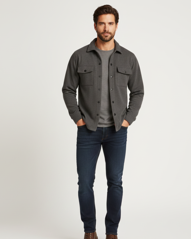 Stylish men's button front overshirt, long sleeve, ideal for fall & spring fashion. Great for layering or solo.