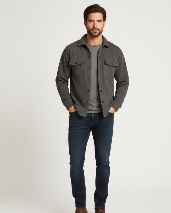 Stylish men's button front overshirt, long sleeve, ideal for fall & spring fashion. Great for layering or solo.