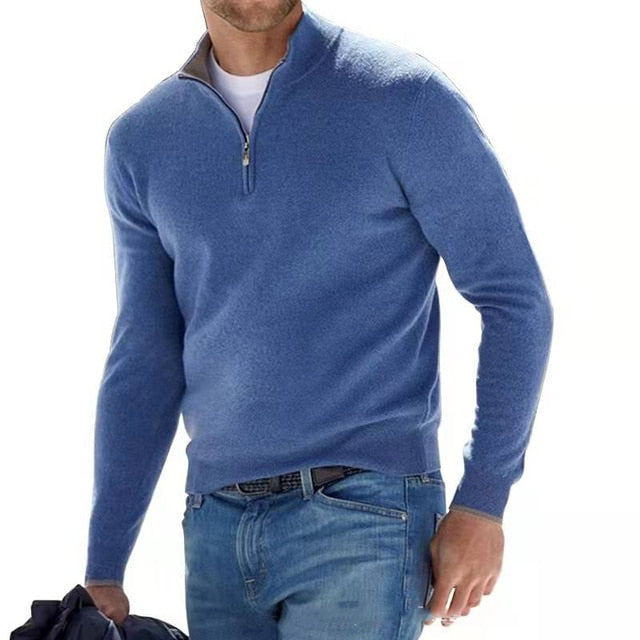 Men's comfortable long sleeve quarter-zip mock neck sweater, perfect for everyday casual style.
