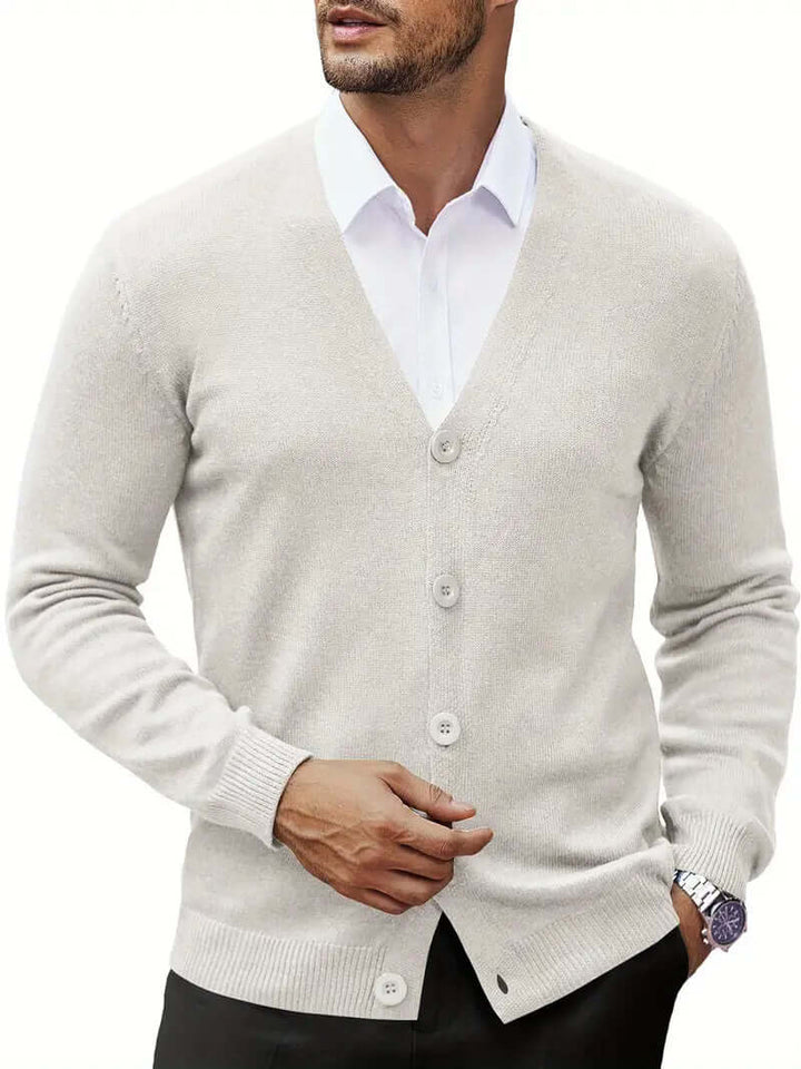 Elegant men's long-sleeve cardigan sweater, perfect for casual or smart fall fashion layering & winter comfort.