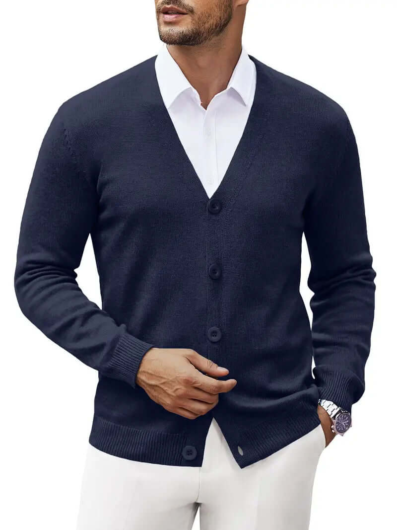 Stylish men's long-sleeve cardigan, offering versatile layering & comfort for modern fall outfits & winter.