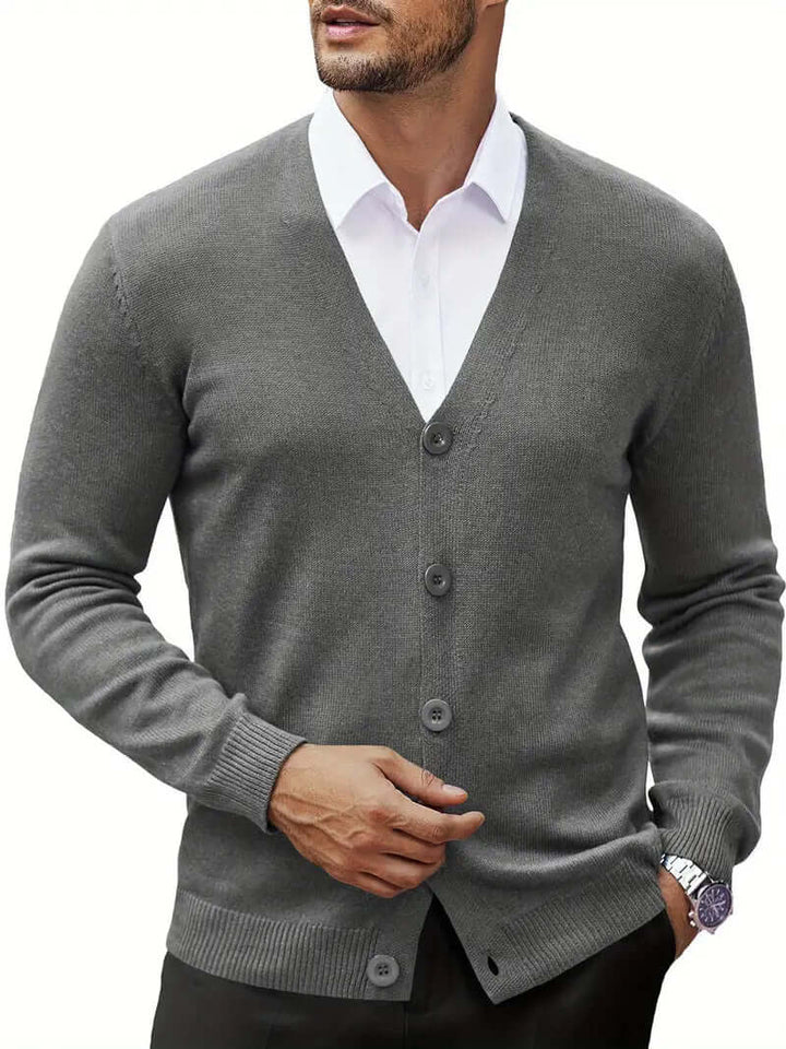 Men's casual-elegant open-front cardigan sweater, essential for versatile layering in fall & winter fashion.