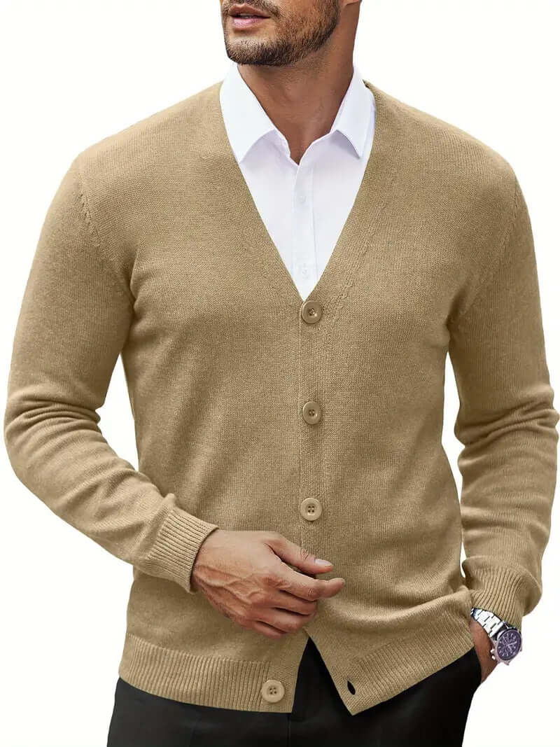 Versatile men's cardigan sweater with long sleeves, perfect for comfortable fall & winter layering.