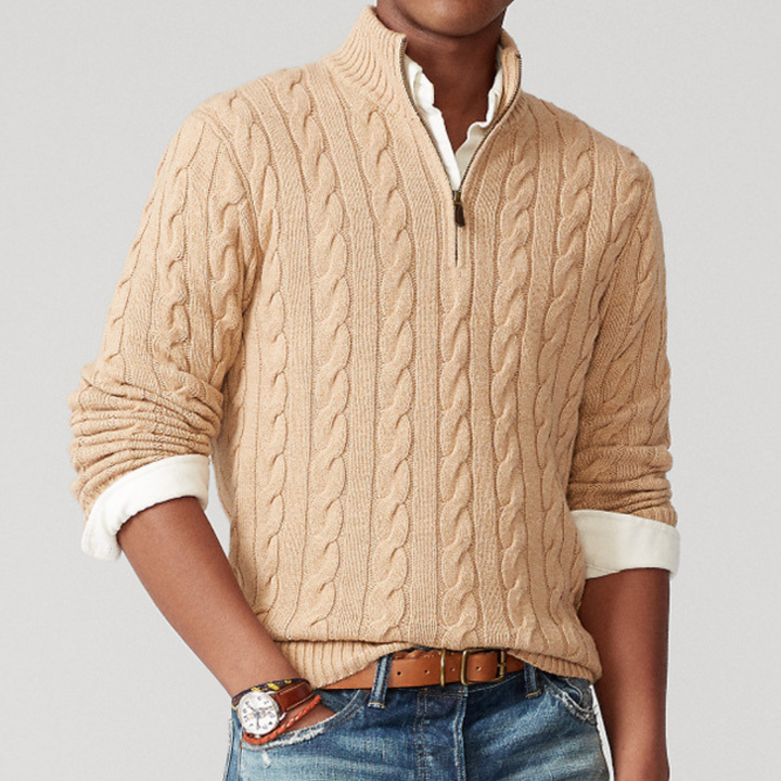 Casual men's quarter-zip cable knit sweater, perfect for smart casual fall fashion.