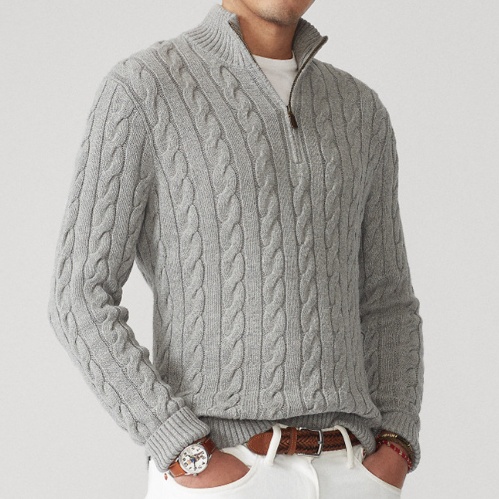 Men's quarter-zip cable knit sweater, a versatile mock neck piece for casual & smart casual looks.