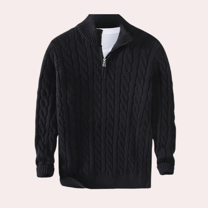 Warm men's quarter-zip cable knit sweater, essential long-sleeve winter wear & fall fashion.