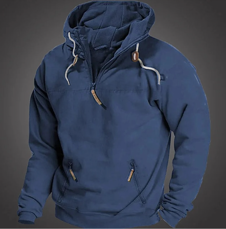 Comfortable men's pullover quarter-zip hoodie for layering, activewear, or everyday comfort. Features drawstring hood.