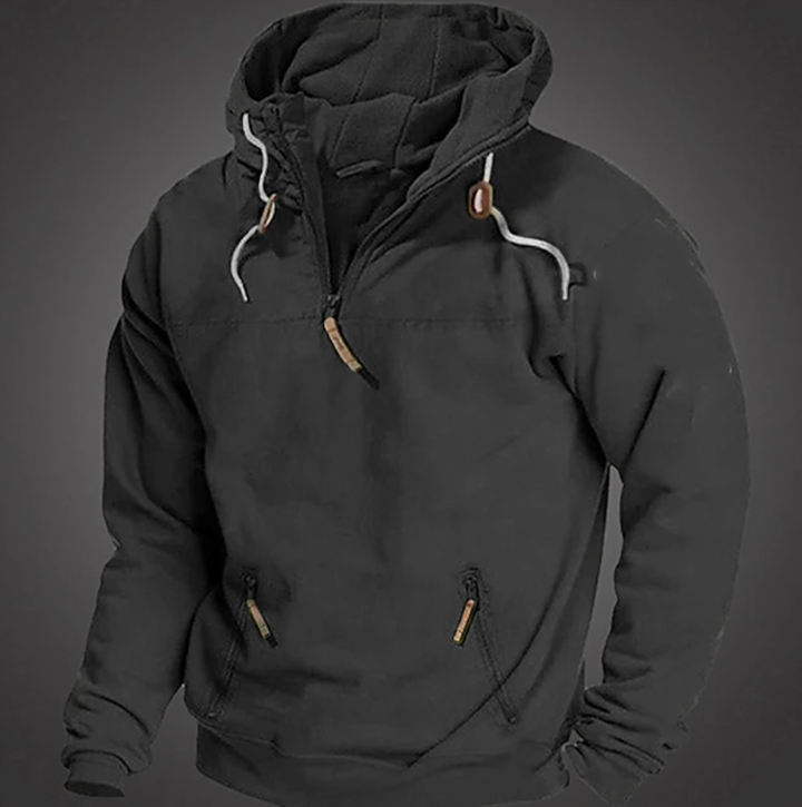 Stylish men's quarter-zip hoodie, a versatile pullover for casual athleisure looks, active wear, or everyday comfort.