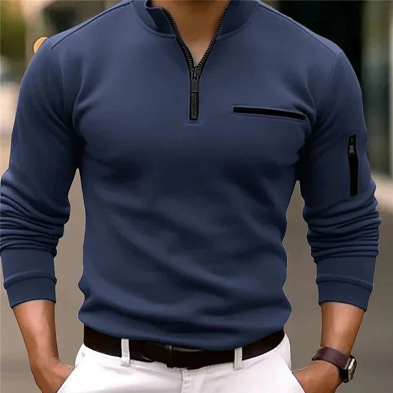 Stylish men's quarter-zip sweater, a versatile long-sleeve top featuring a distinctive chest pocket design.