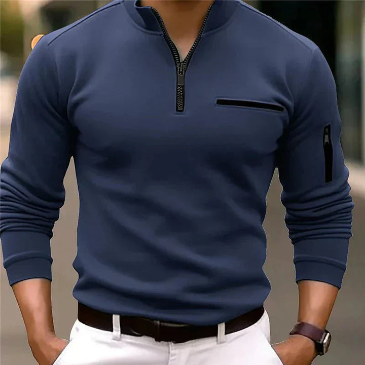 Stylish men's quarter-zip sweater, a versatile long-sleeve top featuring a distinctive chest pocket design.