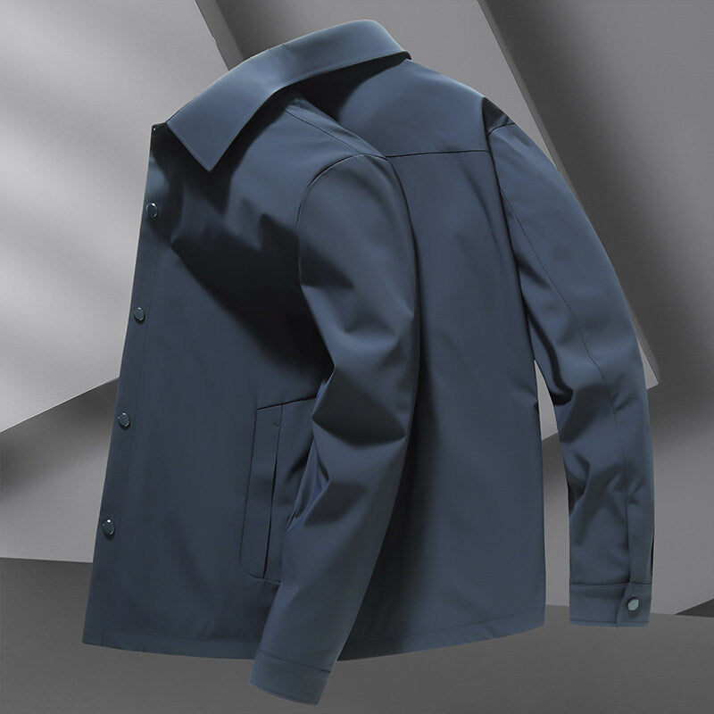 Relaxed fit men's snap-front shirt jacket. Comfortable outerwear, great for layering and casual style.