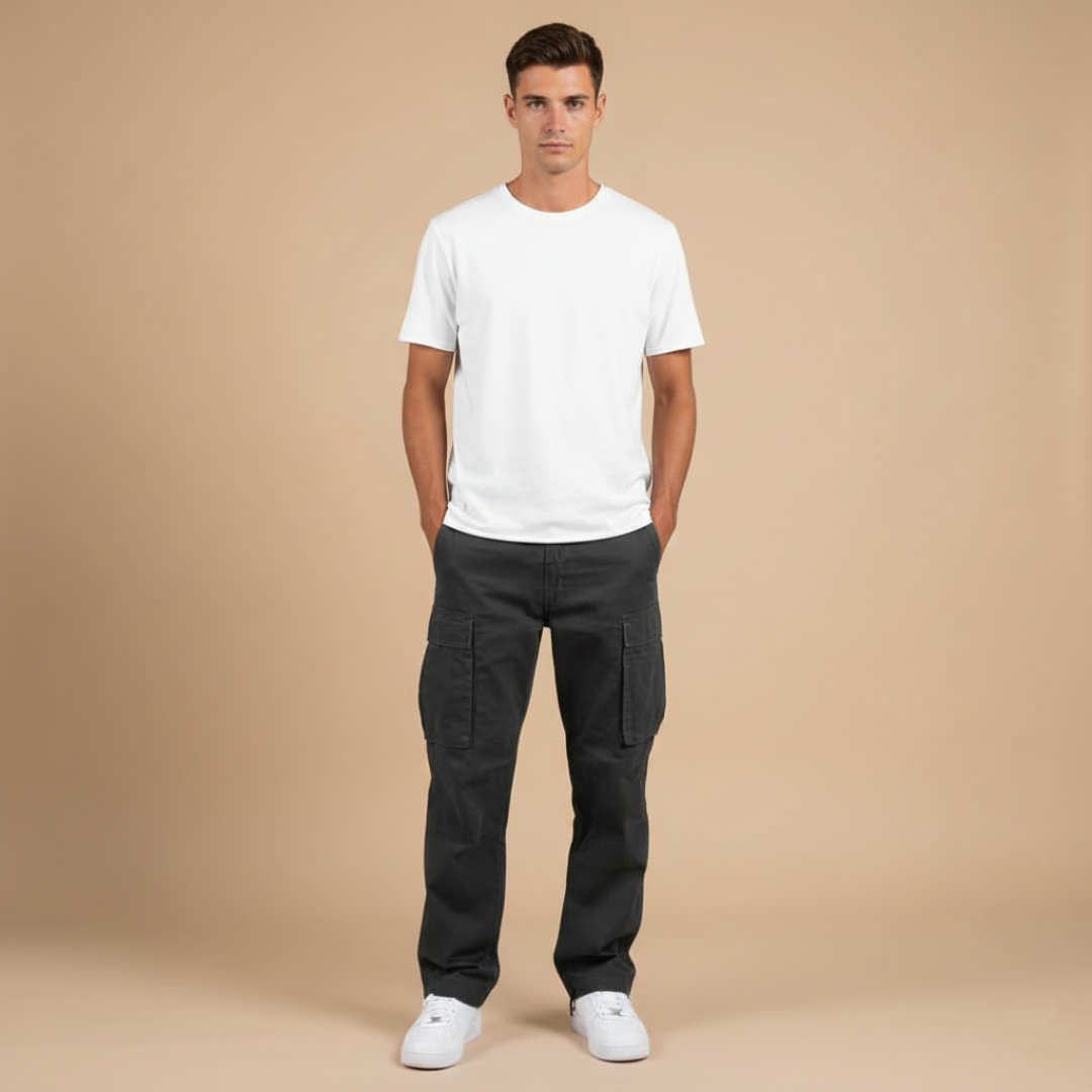Straight leg men's cargo pants featuring ample utility pockets & adjustable hem, perfect for everyday & tactical use.
