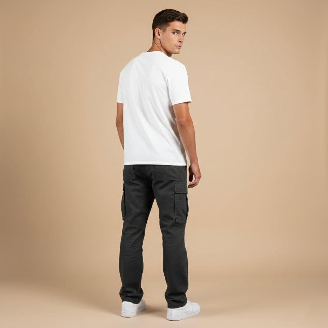 Durable men's straight leg cargo pants, functional with utility pockets, perfect for outdoor activities & streetwear.