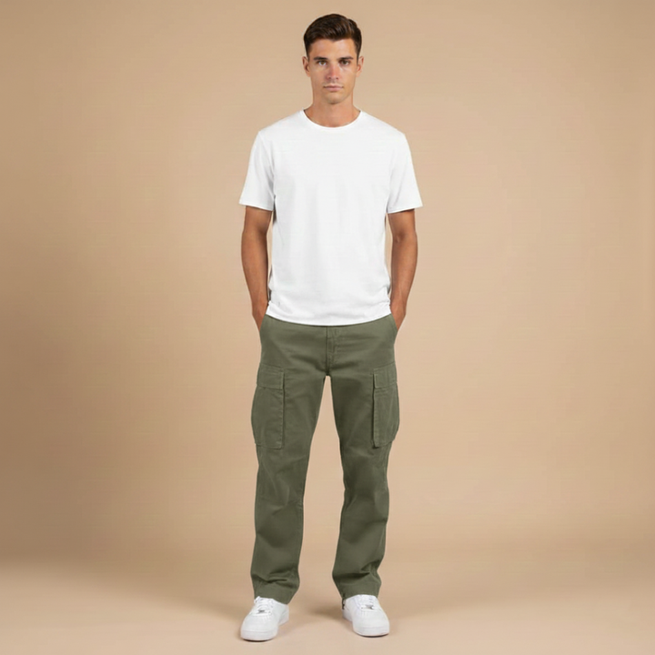 Front view of men's straight leg cargo pants, a classic bottom with tactical pockets for casual and comfortable wear.
