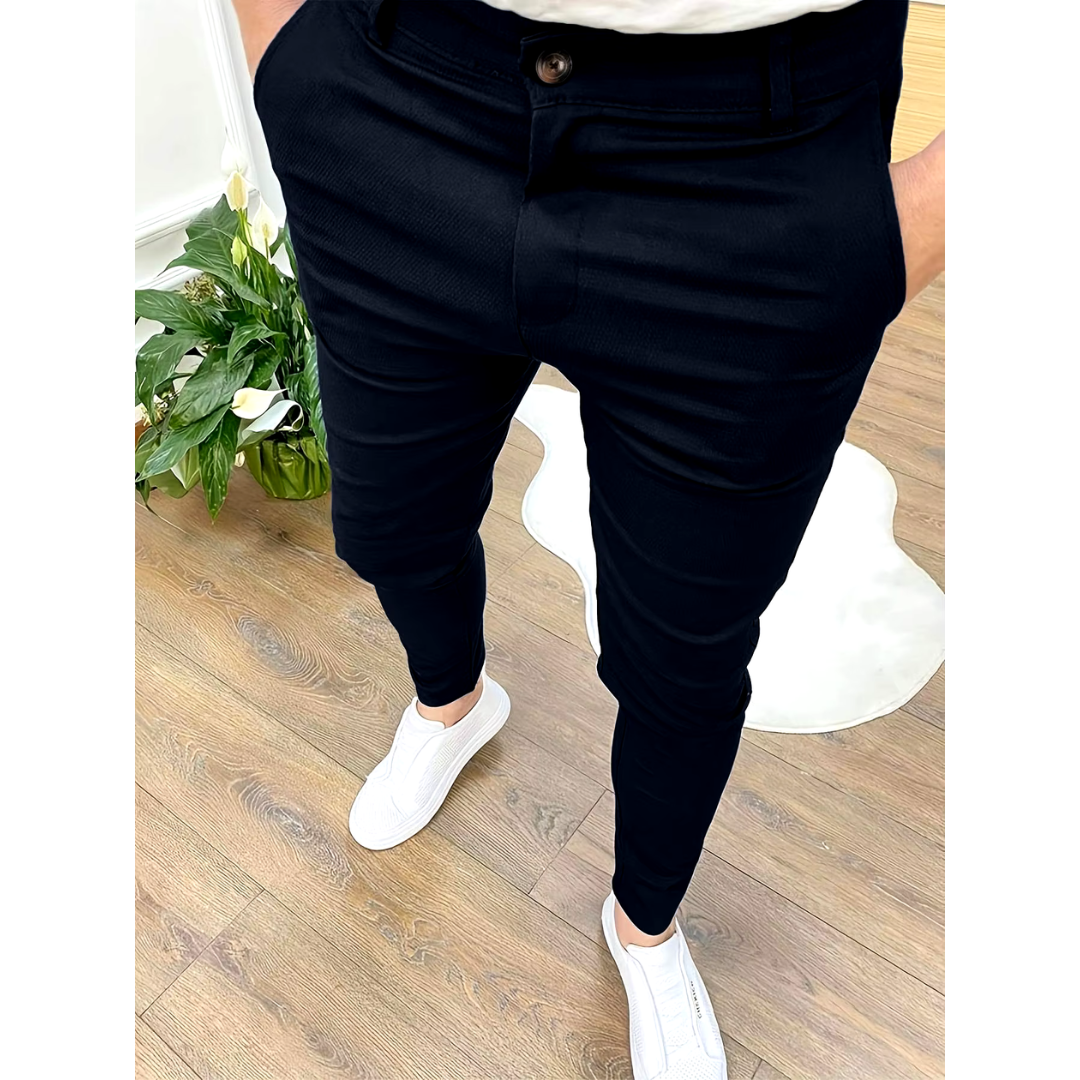 Stylish men's stretch chino trousers, suitable for versatile smart casual & business casual outfits.