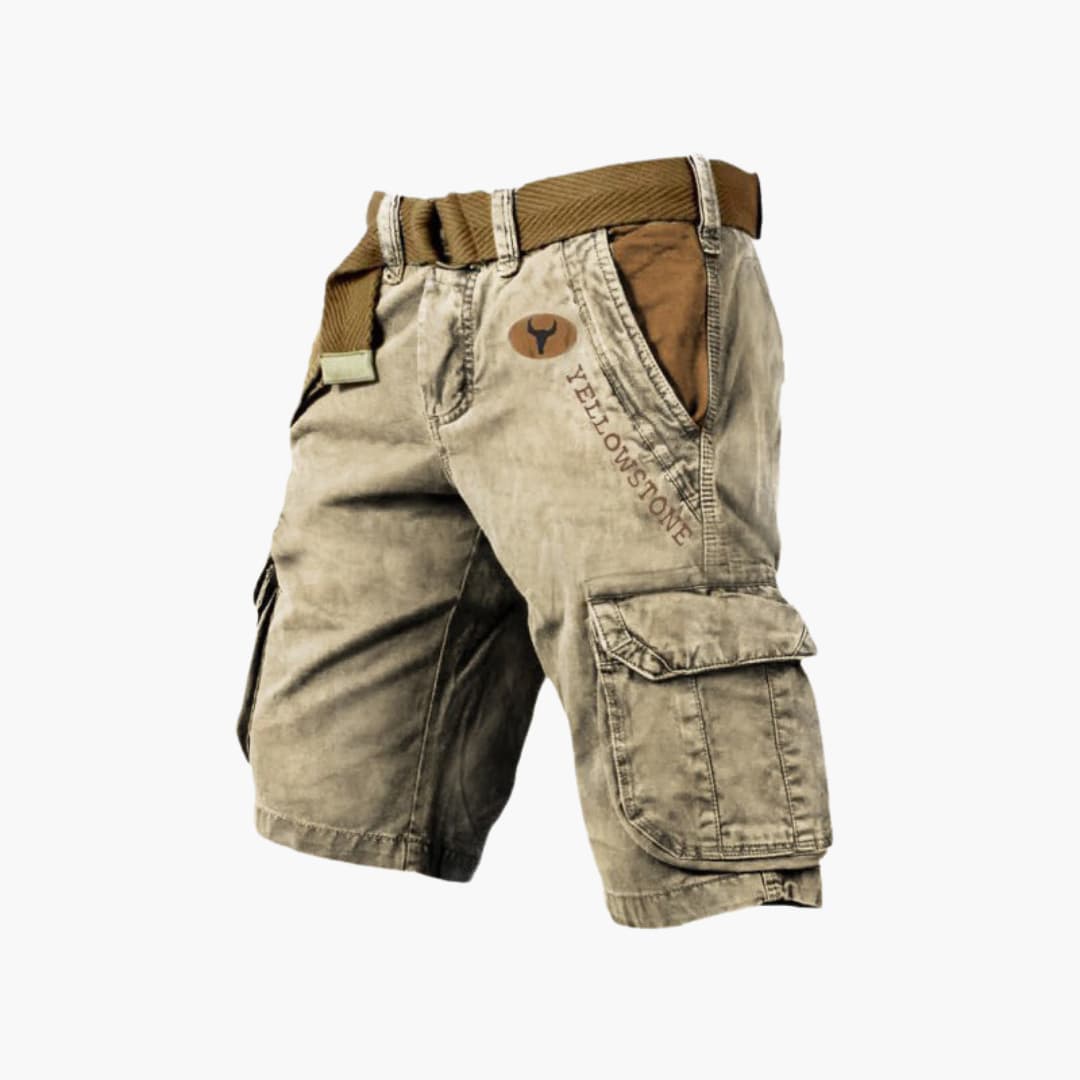 Khaki men's 6-pocket utility cargo shorts, versatile for everyday style & travel comfort.
