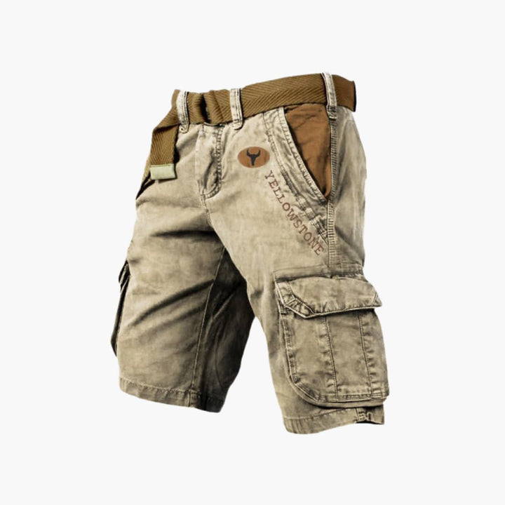 Khaki men's 6-pocket utility cargo shorts, versatile for everyday style & travel comfort.