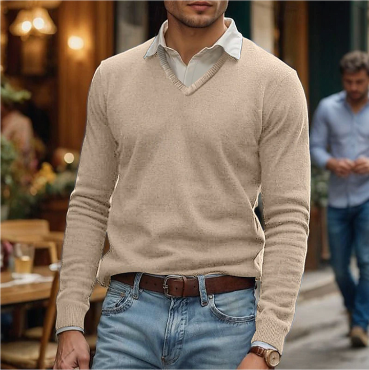 Men's versatile V-neck knit sweater in a soft fabric, perfect for smart casual or everyday layering.