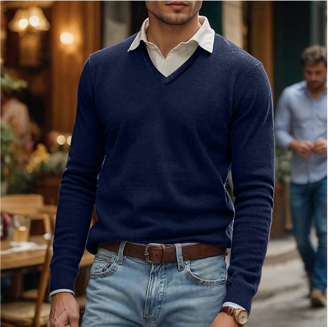 Men's V-neck knit sweater styled for smart casual, providing a versatile, stylish, and comfortable look.