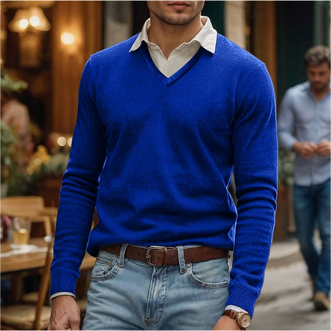 Men's V-neck knit sweater, ideal for layering, offering versatile and stylish comfort for various occasions.