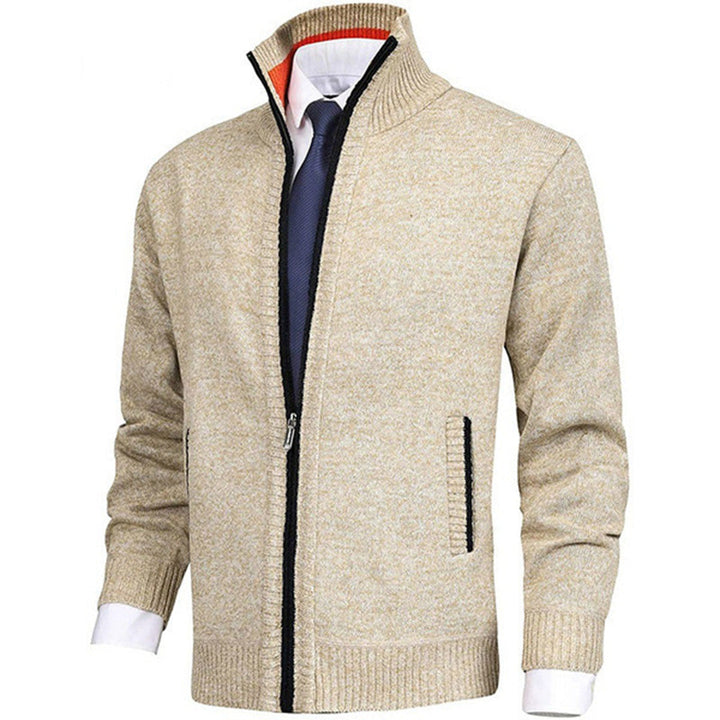 Men's casual zip-up jacket, stand collar, and distinctive ribbed trim, ensuring style and comfort.