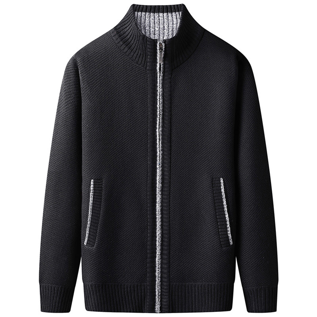 Everyday men's style: a comfortable zip-up jacket with a classic stand collar and ribbed details.