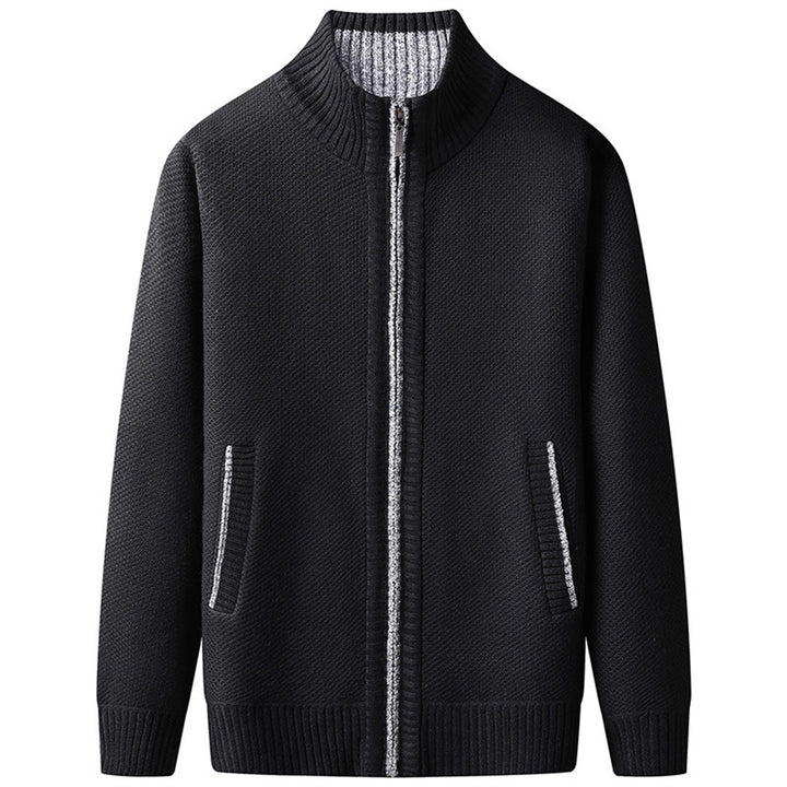 Everyday men's style: a comfortable zip-up jacket with a classic stand collar and ribbed details.
