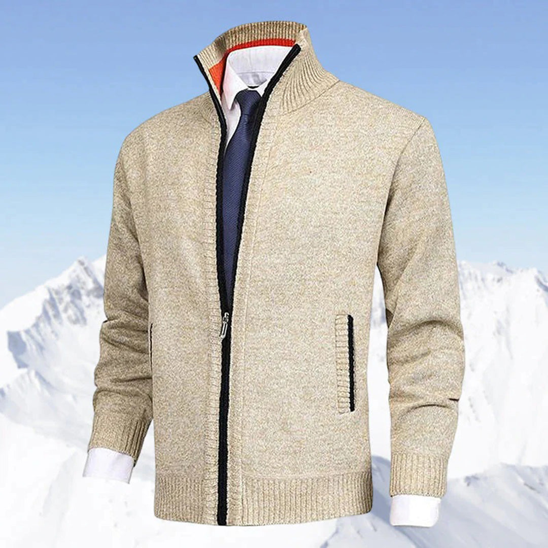 Stylish men's zip-up jacket with stand collar and ribbed trim, offering comfort & modern casual outerwear.
