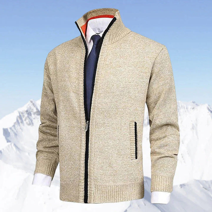 Stylish men's zip-up jacket with stand collar and ribbed trim, offering comfort & modern casual outerwear.