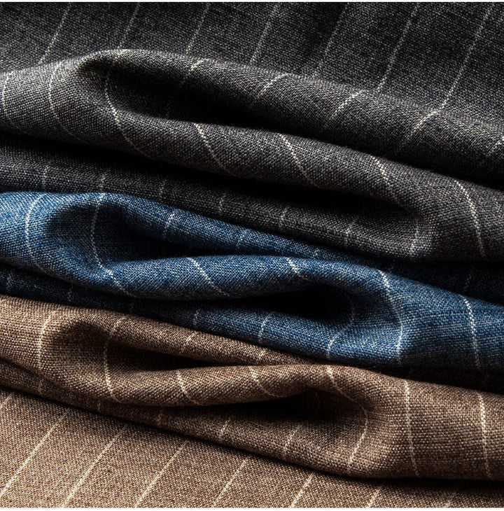 Versatile men's vertical pinstripe tapered trousers, combining a smart look with an elastic waist for comfort.