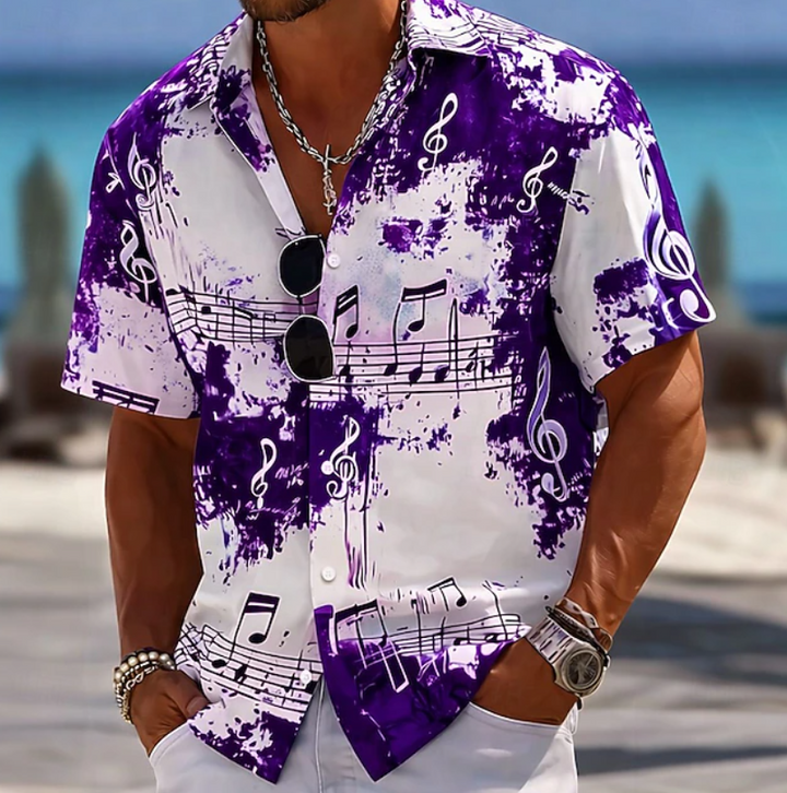 Men's vibrant abstract splash print summer shirt, short sleeve, relaxed fit. Perfect for beach or casual wear.