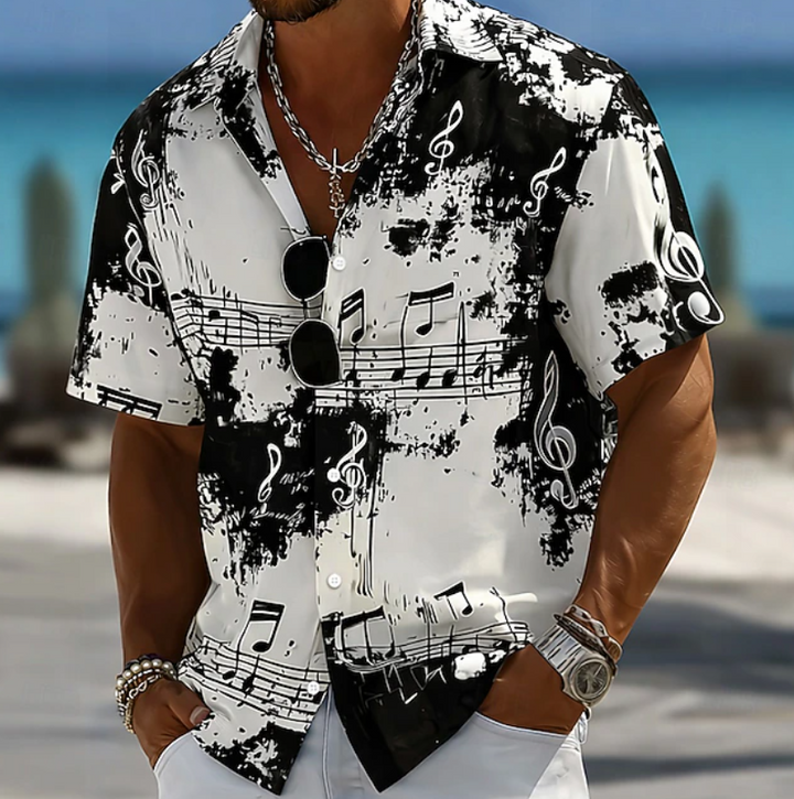 Artistic men's summer shirt with unique abstract splash print. Short sleeve, casual, ideal for fashion-forward vacation.