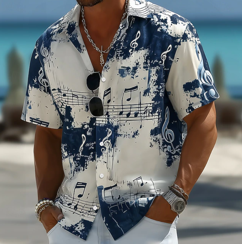 Stylish men's short-sleeve summer shirt featuring a vibrant abstract splash print. Great for vacation, beach, or casual outings.